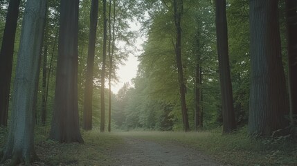 Wall Mural - Sunlit path through lush green forest with tall trees.