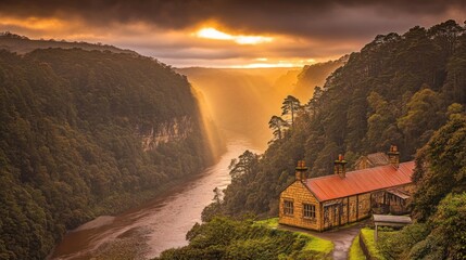 Wall Mural - Sunrise over a river valley with a house.