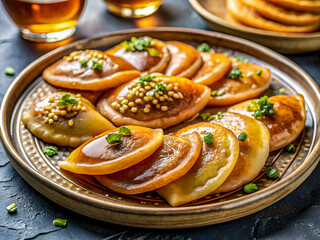 Delicious golden pastries with sweet syrup on a plate. Tasty Food background