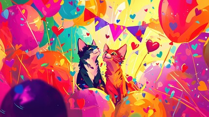 Poster - Two cats amidst colorful balloons and confetti in a vibrant celebration scene with heart shapes