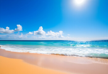 aerial view of tropical paradise, pristine turquoise ocean, golden sandy beach, lush green coastline