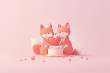 Poster - Two cute foxes holding a heart over a cake on a pink background with heart shaped confetti