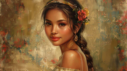 Portrait of a Young Woman with Flowers in Her Hair in an Oil Painting Style