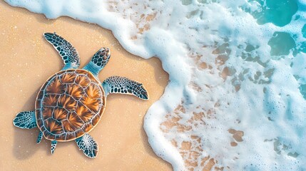 Poster - Sea turtle on sandy beach near ocean wave with white foam in summer day light