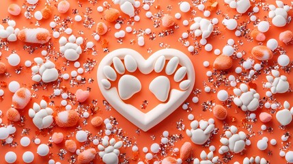 Leinwandbilder - Playful orange surface with white paw prints spheres and shiny confetti for festive designs