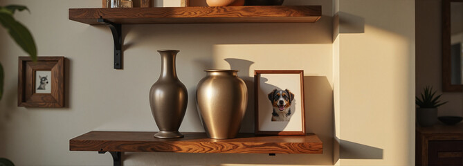 Wall Mural - Pet funeral urns and framed photo on wooden shelf