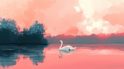 Aufkleber - White swan floats on calm pink water with dark trees against a soft colorful sky painting