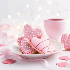 Wall Mural - A plate of pink heart-shaped cookies with Valentine's Day decorations, against a white studio backdrop 