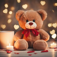 Wall Mural - A red teddy bear sits next to two white candles, bokeh effect 