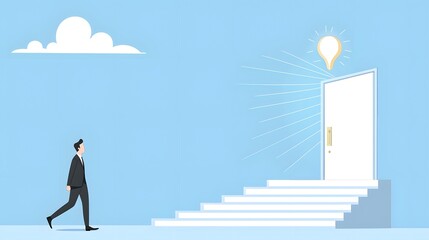 Fototapete - Businessman walking up a modern futuristic staircase leading to a bright open door symbolizing a career growth opportunity and the path to professional success  Concept of ambition innovation