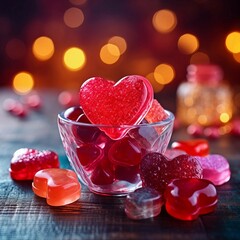 Poster -  A Valentine's Day-themed candy with heart-shaped gummies and marmalade in the background