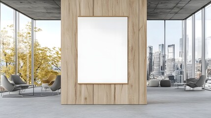 Poster - Minimalist blank poster mockup displayed on a wooden panel in a contemporary office space with large windows offering a stunning city skyline view in the background