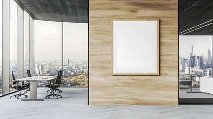 Poster - Sleek Wooden Office Wall with Panoramic City Skyline View   3D Rendering of Empty Poster Frame and Floor to Ceiling Windows Overlooking the Urban Landscape