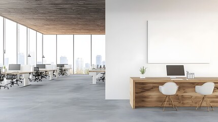 Poster - Minimalist and modern office environment featuring open workstations blank wall space and a bright natural lighting atmosphere  This contemporary office design promotes a clean sleek