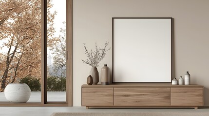 Poster - Elegant and modern interior design featuring a minimalist wooden cabinet set against a clean and neutral blank wall backdrop