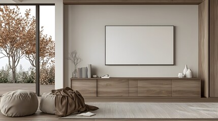 Leinwandbilder - Minimalist interior design featuring a wooden cabinet against a blank wall offering empty space for design mockup and background in a modern clean and stylish setting