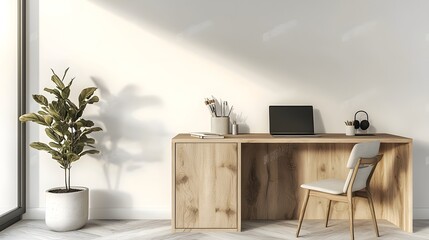 Poster - Stylish minimal office interior featuring a wooden desk setup with laptop and accessories against a blank wall perfect for design mockups branding and creative workspace concepts  The clean