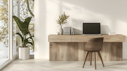 Leinwandbilder - Stylish Wooden Desk Setup in Bright Minimal Office Interior with Empty Wall for Creative Workspace Concept Ideal for Design Mockups Photography and Lifestyle Presentations