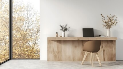 Poster - Sleek and minimalist wooden desk set up in a bright  functional office workspace featuring a blank wall backdrop and ample natural lighting streaming in  creating a clean  contemporary