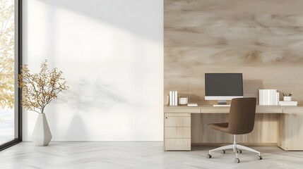 Poster - Elegant and Minimalist Office Workspace with Wooden Desk and Blank Wall Providing a Clutter free and Professional Environmental Background for Modern Business or Corporate Needs