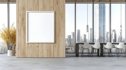 Poster - Minimalist and Contemporary Office Space Featuring Wooden Wall Paneling Blank Poster Frame and Bright City Skyline Visible Through Floor to Ceiling Windows