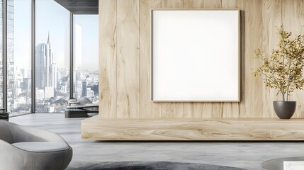 Poster - Minimalist and modern office interior design with a blank poster frame on a wooden panel wall showcasing a bright and panoramic cityscape view through the floor to ceiling windows in the background