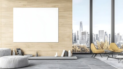Poster - Stylish modern office interior with a blank white poster mockup mounted on a wooden wall and a captivating urban cityscape visible through the large windows