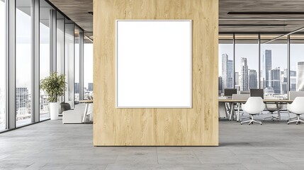 Poster - Clean and Minimalist Office Interior Design with Empty Poster Frame Mounted on Wooden Wall Offering Branding or Design Presentation Space Against a Backdrop of Modern City Skyline