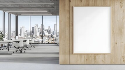 Poster - 3D rendering of a blank poster frame mounted on a stylish wooden wall in a contemporary minimalist office interior