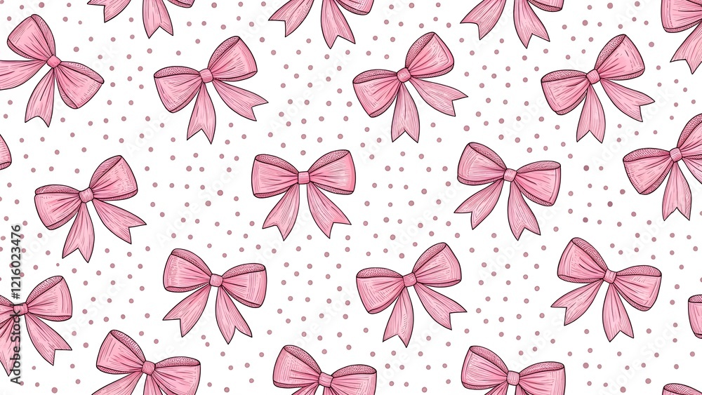 Pink bows of ribbons on white dotted background. Vector seamless ...