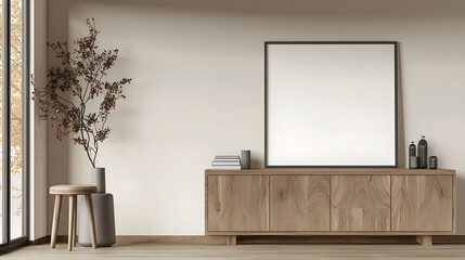 Leinwandbilder - Elegant minimalist interior space with a wooden cabinet and blank wall offering a clean and modern environment for design concepts product displays mood boards and creative backgrounds