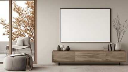 Leinwandbilder - Minimalist and modern interior featuring a sleek wooden cabinet against a blank neutral wall  This clean and elegant scene is perfect for design mockups product photography
