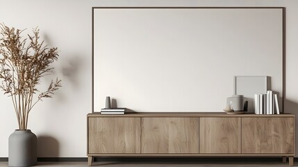 Poster - Sleek Wooden Cabinet Mounted on Minimalist Blank Wall Ideal for Design Mockup Creative Display Product Presentation or Studio Photography Background