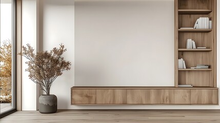 Aufkleber - Contemporary and Minimalist Wooden Cabinet with Empty Wall Space   Ideal for Stylish Mockup Presentations Interior Design Backgrounds and Versatile Product Displays  A Clean Serene