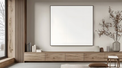Poster - A contemporary room featuring a sleek wooden cabinet and an empty wall space providing an ideal backdrop for product mockups interior styling presentations and other creative projects