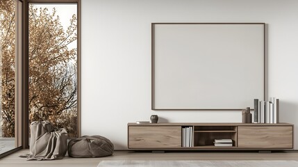 Poster - Cozy and minimalist interior showcasing a wooden cabinet against a neutral blank wall providing a clean and simple backdrop suitable for branding or artwork display
