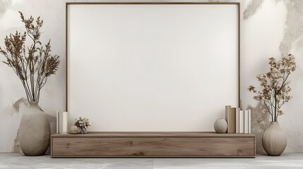 Poster - Cozy and minimalist interior design with a wooden cabinet and neutral blank wall