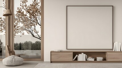 Poster - Minimalist and cozy living space featuring a wooden storage unit framed artwork and a nature inspired view through the window