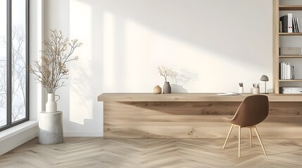 Poster - Minimalist and Clean Office Workspace Setup with Wooden Desk and Blank White Wall Background Ideal for Productivity Organization and Sophisticated Interior Design