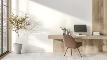 Poster - Bright and Minimalist Home Office Space with Wooden Desk and Potted Plant Creating a Peaceful and Productive Work Environment