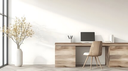 Poster - Minimalist and Efficient Workspace Design Featuring a Wooden Desk Against a Neutral Blank Wall Showcasing a Clean and Contemporary Office or Home Work Environment