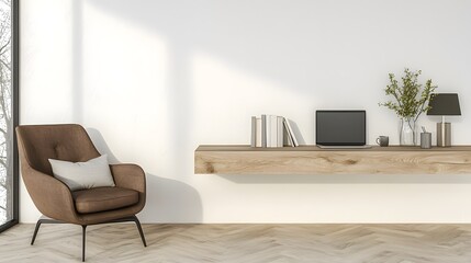 Poster - Stylish and Minimalist Office Design with Wooden Desk Blank White Wall and Sophisticated Decorative Elements in a Clean and Contemporary Setting