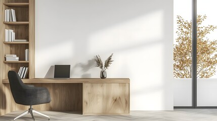 Poster - Warm and inviting professional office workspace featuring a natural wooden desk clean blank wall and a refined minimalist interior design that creates a serene and productive atmosphere