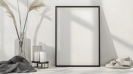 Poster - Stylish wall frame mockup showcased in a modern minimalist living room setting with elegant home decor elements like vases candles and plant accents against a clean bright background
