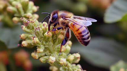 Sticker - Honeybee on Flower: A Stunning Close-up Macro Photograph of Nature's Tiny Pollinator