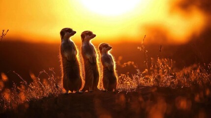 Poster - Three meerkats silhouetted against a vibrant sunset.