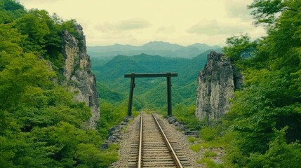 Poster - Train tracks disappearing into a lush green mountain valley, framed by towering rock formations.