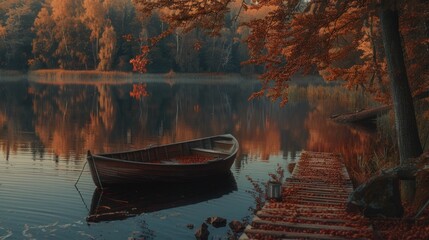 Poster - Tranquil autumn scene a wooden rowboat rests on a calm lake, surrounded by vibrant fall foliage and a wooden dock.