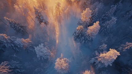 Wall Mural - Aerial view of snow-covered forest at sunrise.