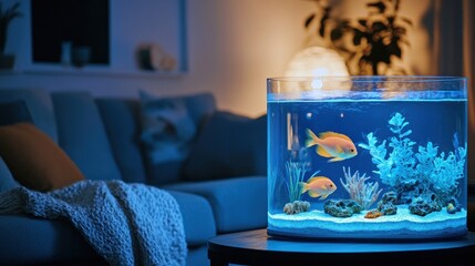 Wall Mural - Two orange fish swim in a modern, cylindrical aquarium on a living room coffee table at night.